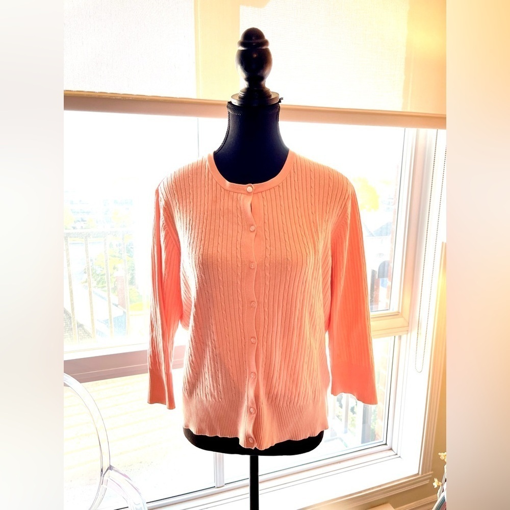 Worthington Petite knit cardigan in peachy shade, button front, 3/4 sleeves - Picture 2 of 3